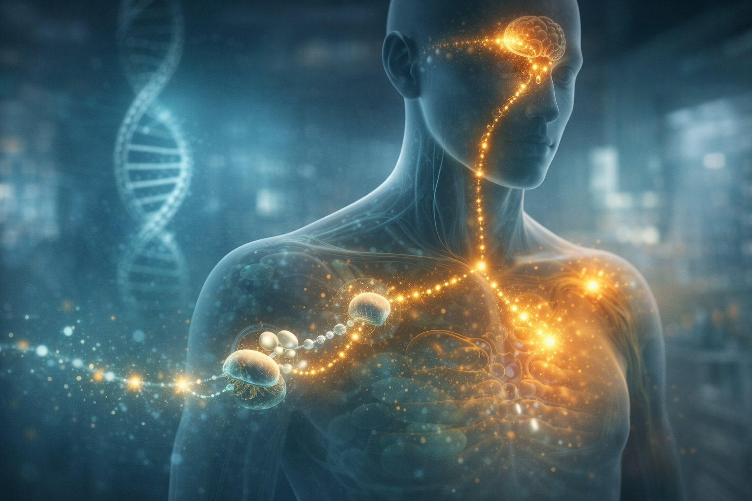 Semi-transparent human torso with glowing DNA and endocrine signaling from brain to pituitary, while peptide chains form and transmit signals between cells in a modern lab setting.