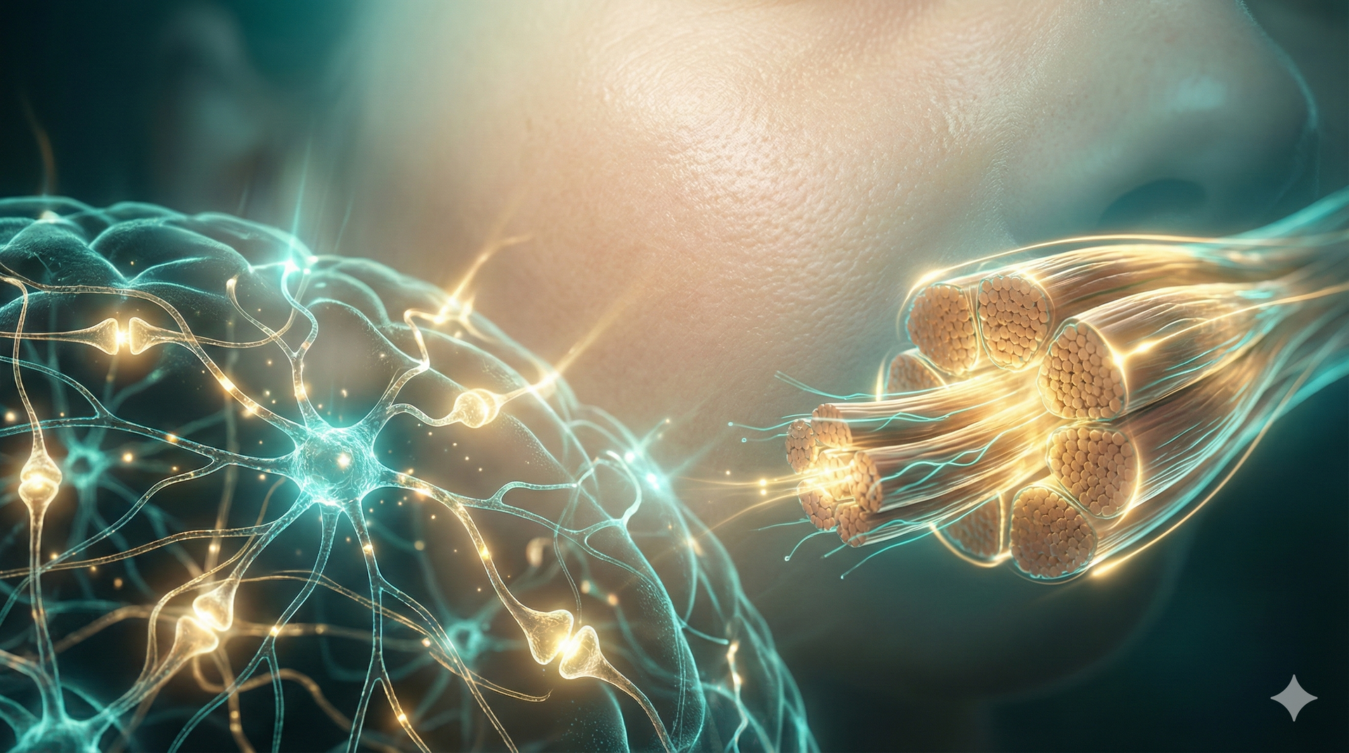 Brain synapses, muscle fibers, and healthy skin glow combined to represent whole-body benefits.