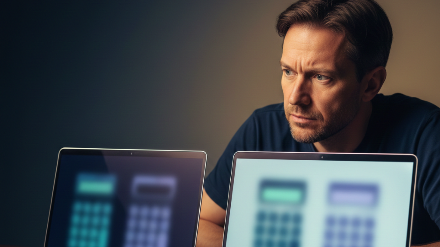 Man looks intently at two laptop screens displaying calculator apps. Dark setting, serious expression.