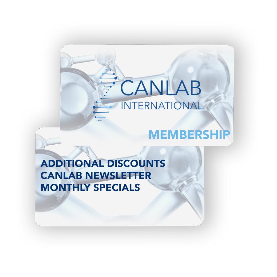Two CANLAB International membership cards with benefits: discounts, newsletter, and specials.