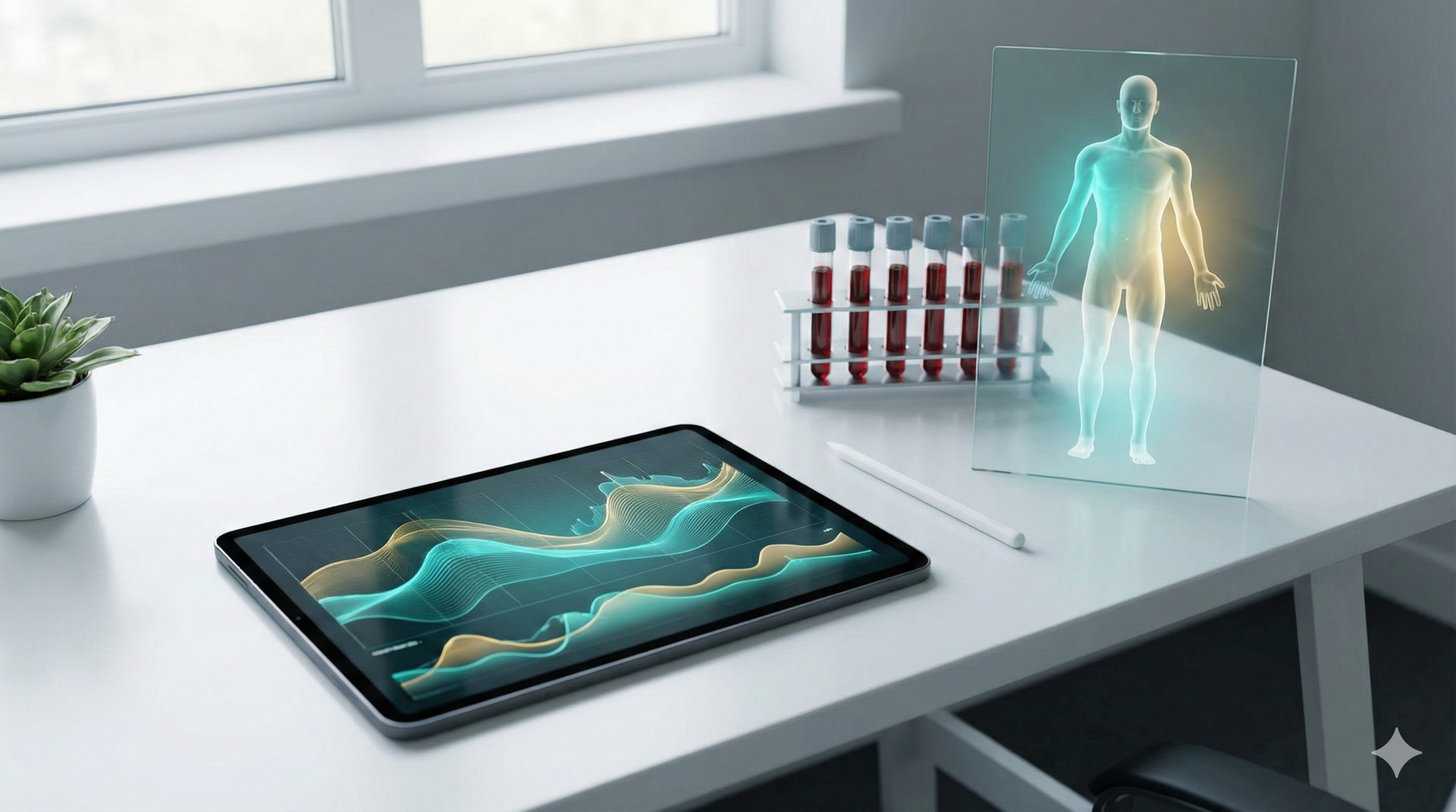 Personalized medicine scene with lab vials and a tablet showing abstract biomarker charts.