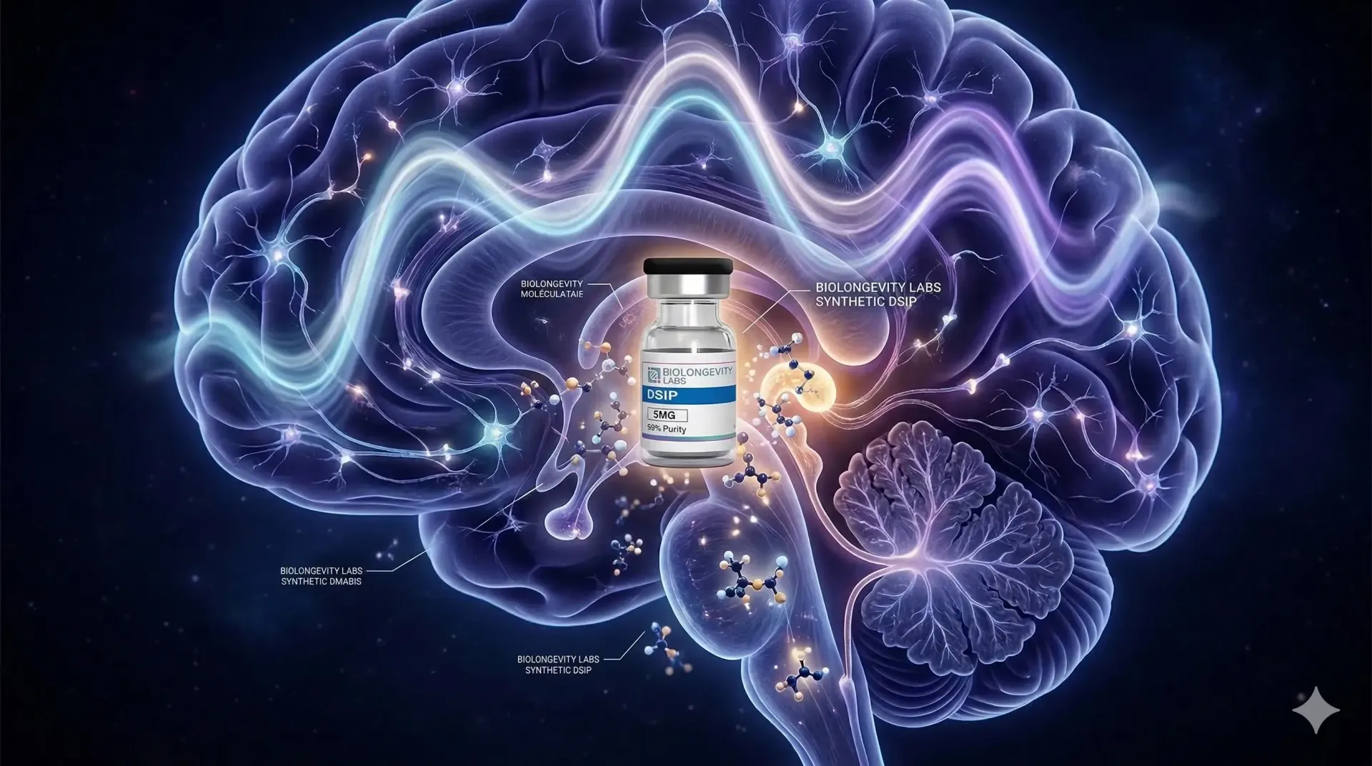 A glowing, purple-hued illustration of a human brain with a DSIP vial centered in the middle.