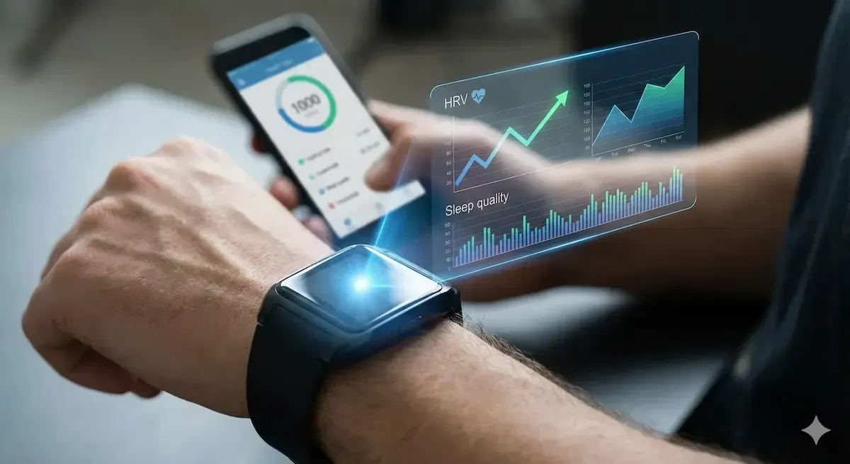 Person using smartphone and smartwatch to view health data with holographic graphs.