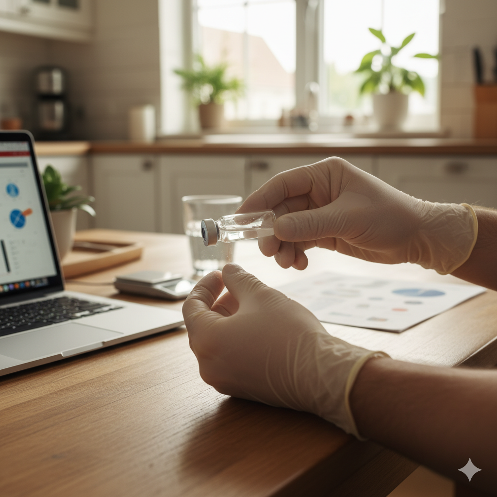 Person in gloves holding vial near laptop, possibly preparing medication at a desk.