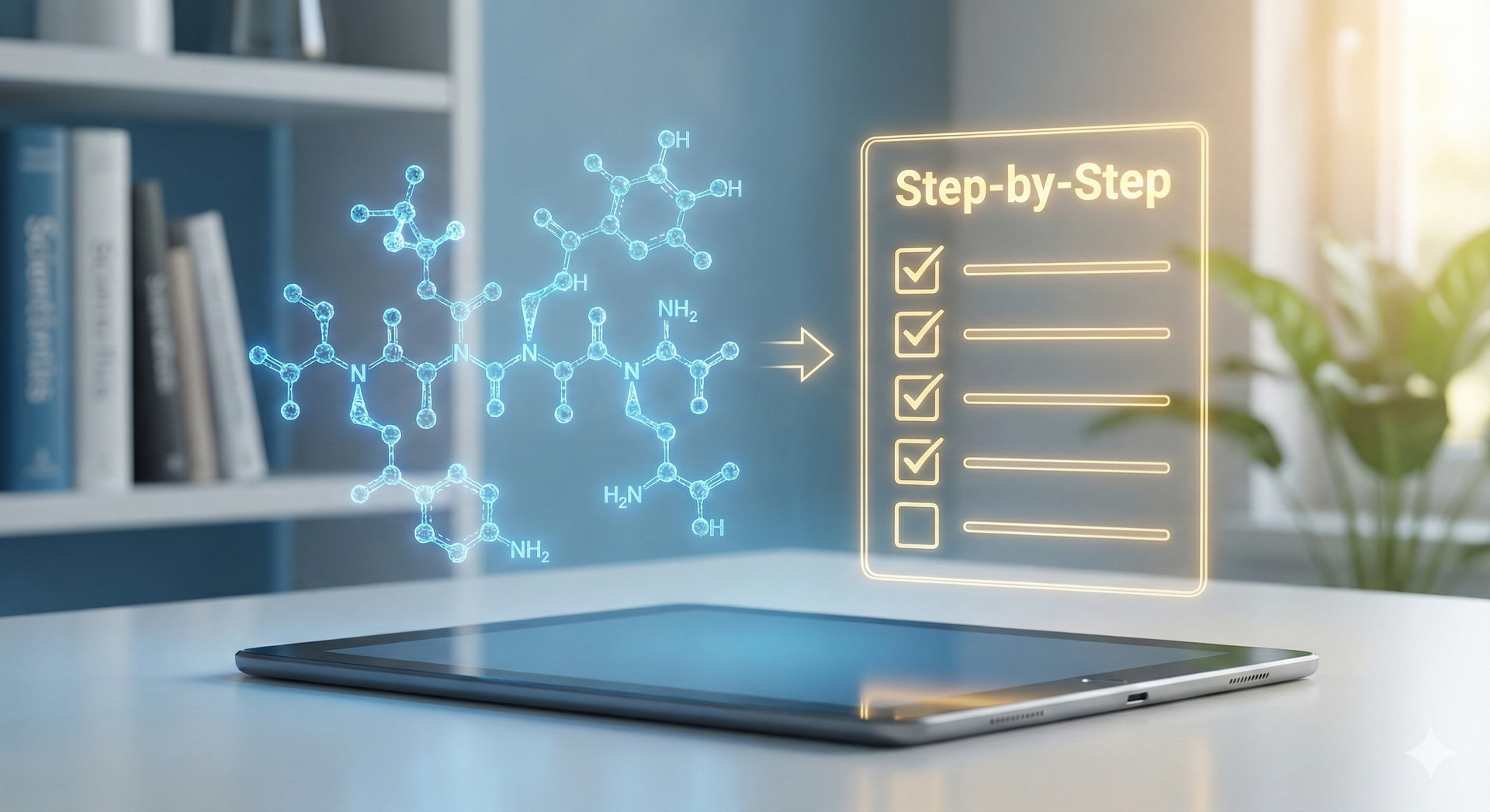 Tablet with glowing molecular structure transforming into a step-by-step checklist on a desk.