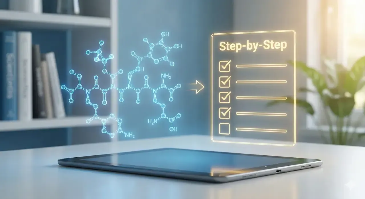 Tablet with glowing molecular structure transforming into a step-by-step checklist on a desk.