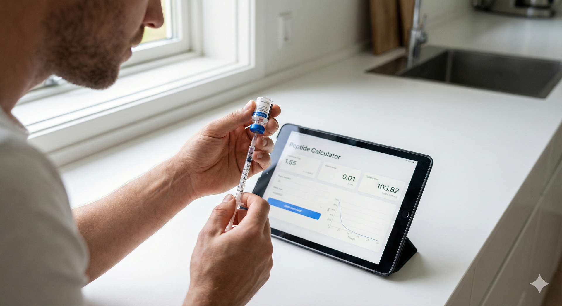 Person holding a syringe, looking at a tablet with data in a kitchen setting.