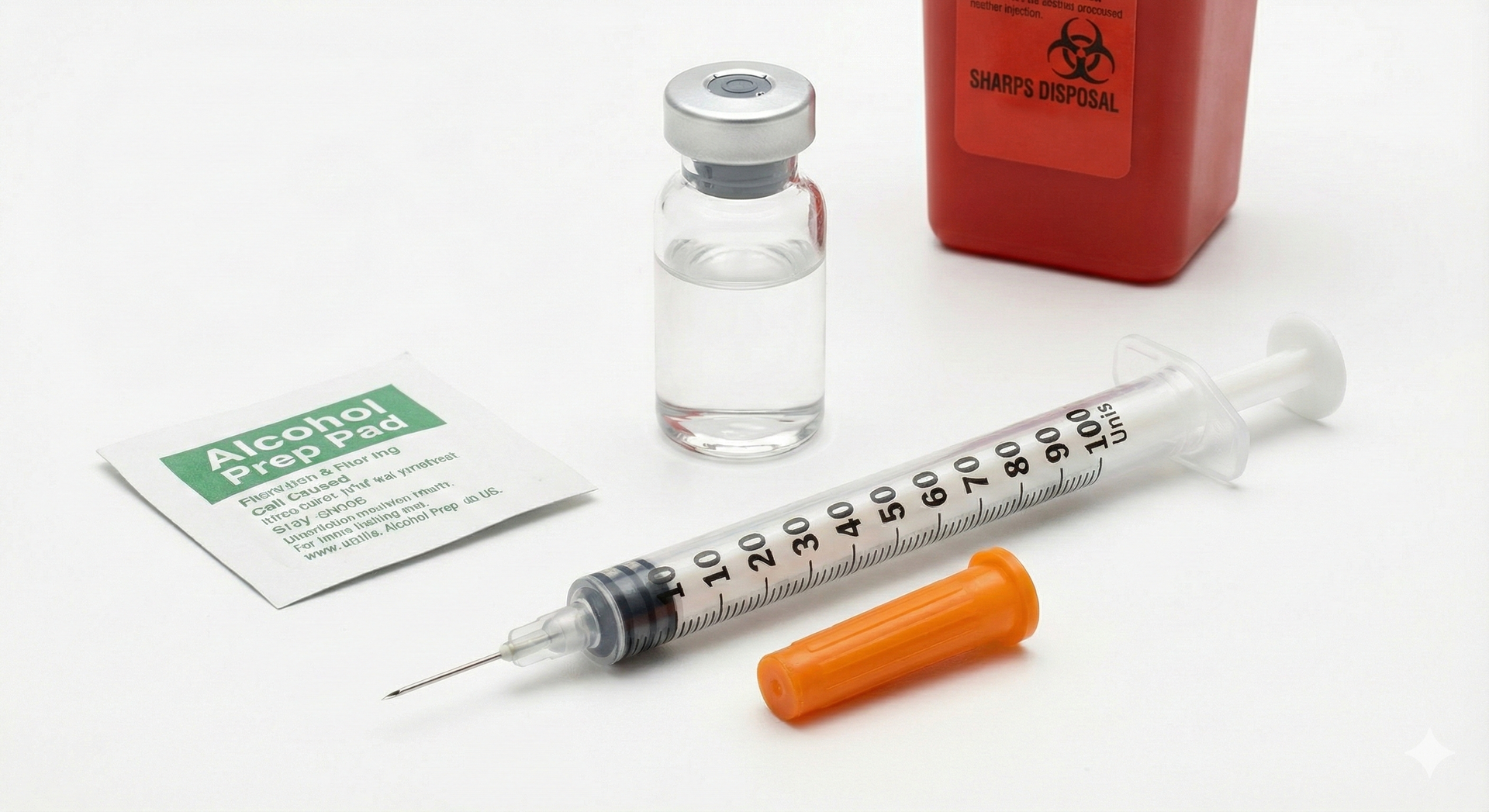 Syringe with needle, vial of liquid, alcohol prep pad, and red biohazard container.