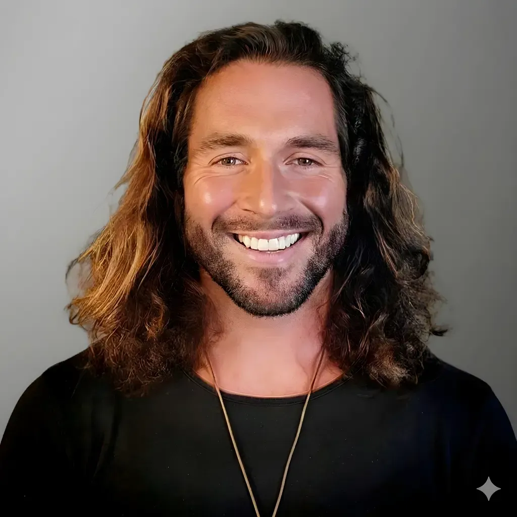 Smiling person (Hunter Williams) with long hair and beard wearing a black shirt against a gray background