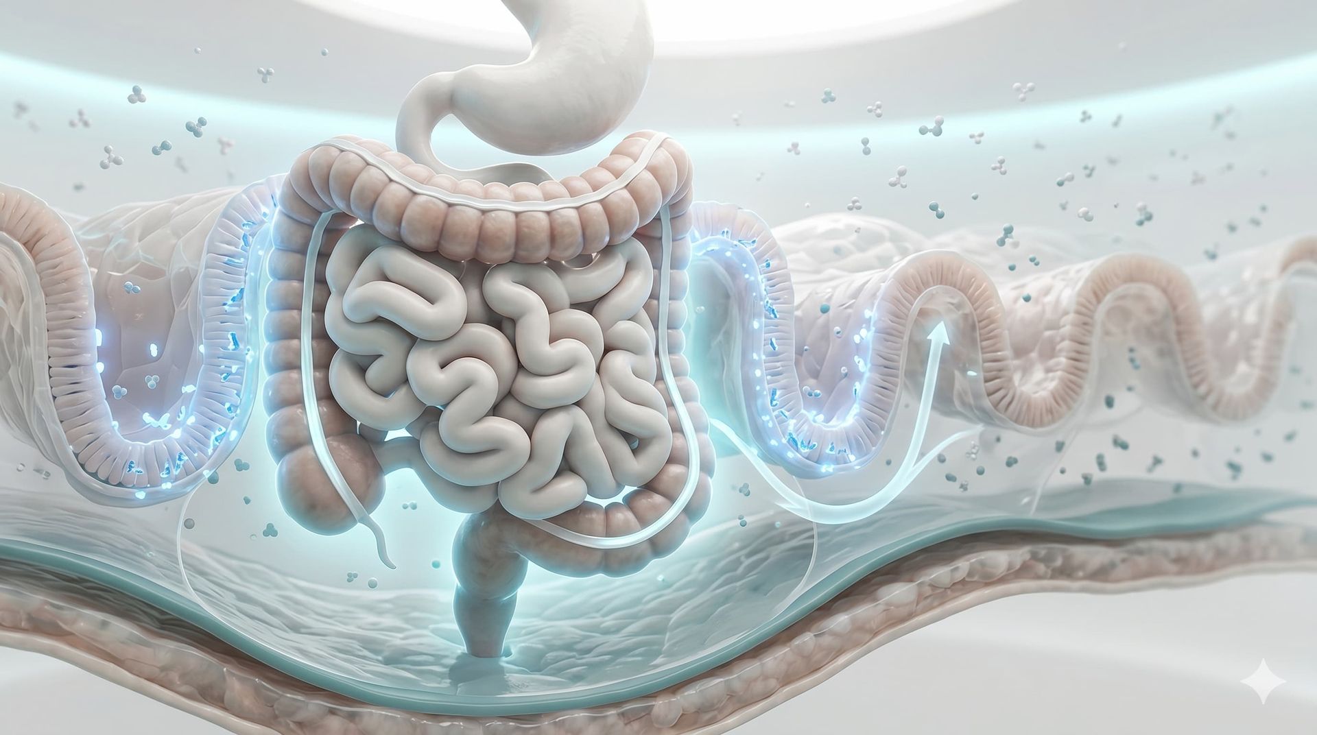 Eye-level intestinal cross section with teal peptide molecules at epithelial surface demonstrating reduced inflammation and strengthened barrier function
