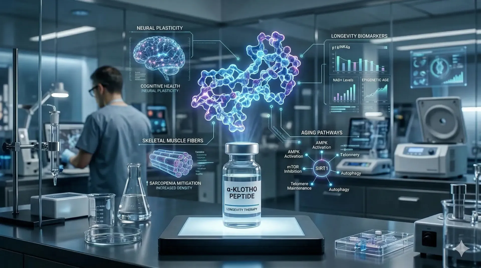 A scientist works in a lab behind a glass vial with holographic projections of DNA and brain scans.