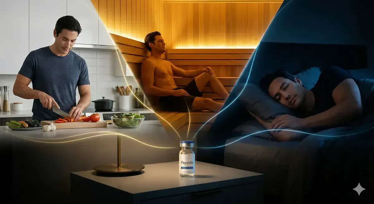 Man preparing food, in sauna, and sleeping; connected by glowing lines to a supplement bottle.