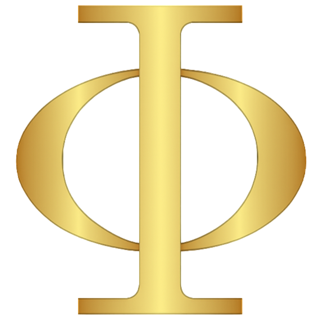 A gold Greek letter Phi on a white background
