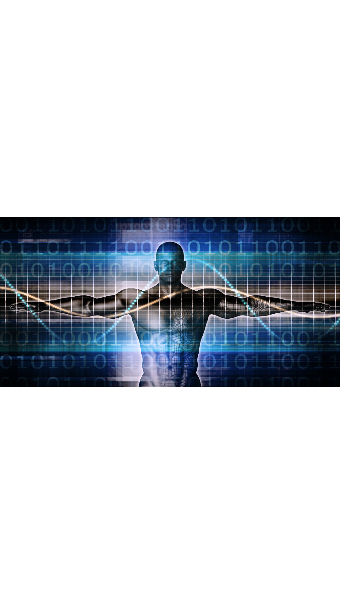A man with his arms outstretched is standing in front of a digital background.