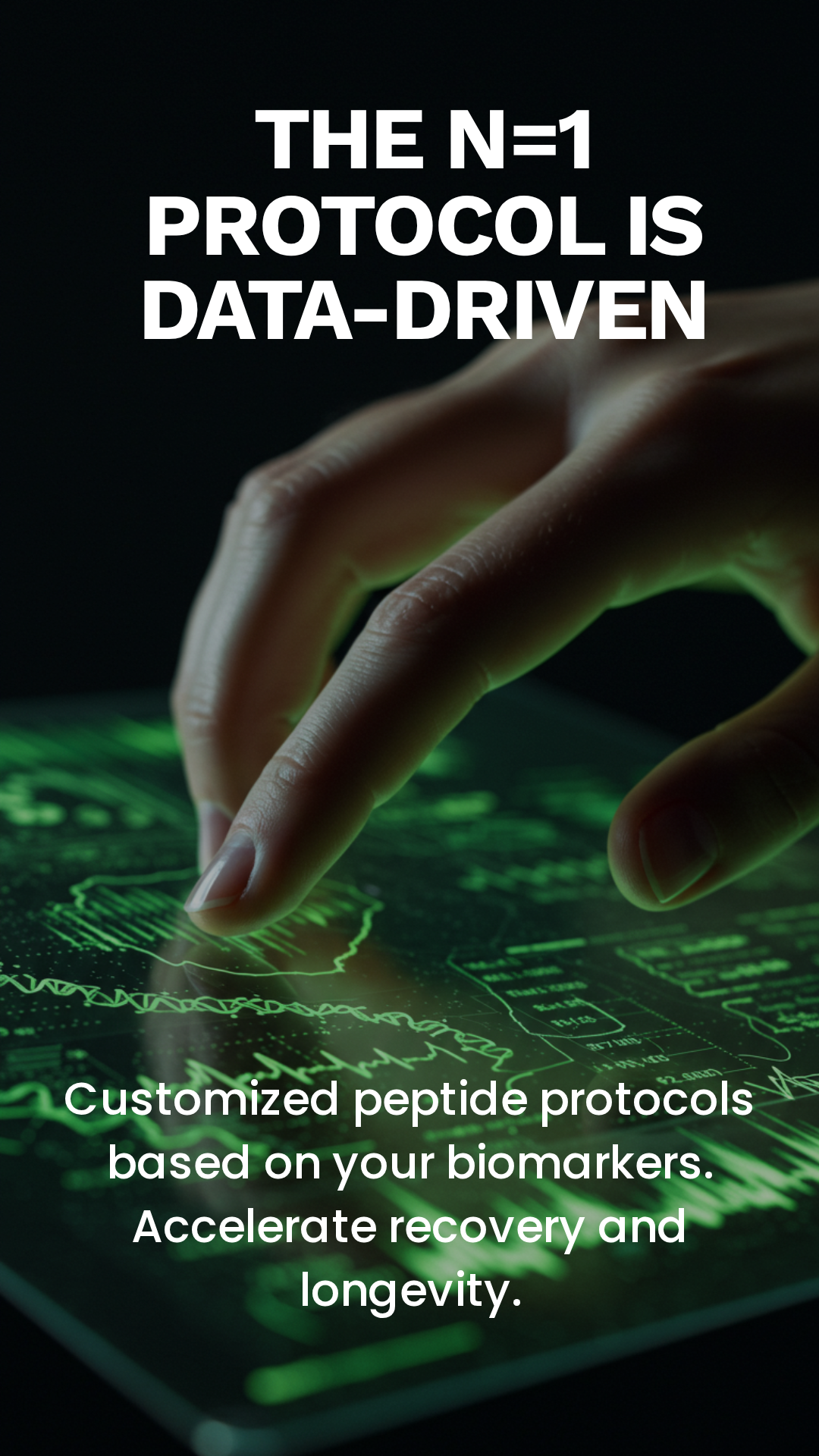 Hand touching a screen with data graphics, text: