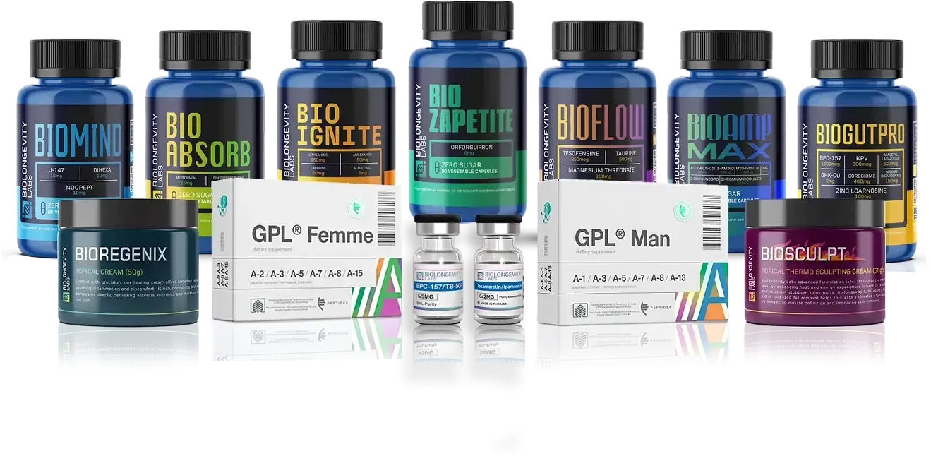 Assortment of blue and green supplement bottles, vials, and containers, branded with various names and logos.