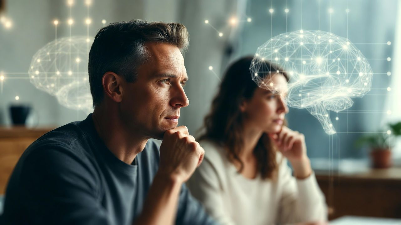 Man and woman gazing, overlaid with glowing brain illustrations, in home setting.