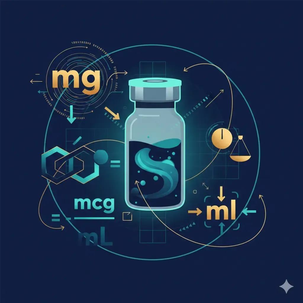A vial of medicine surrounded by scientific symbols and units of measure, in blue and gold.