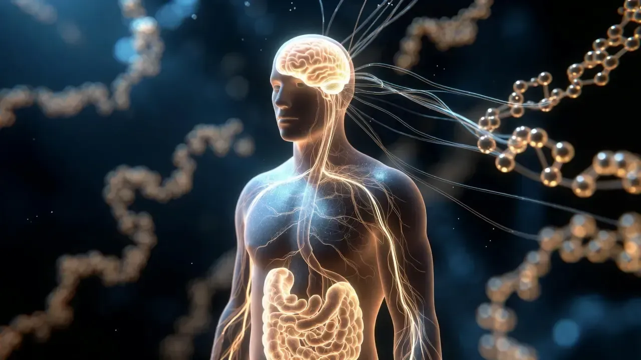 A glowing human figure shows connections between the brain and digestive tract, surrounded by floating molecular chains.