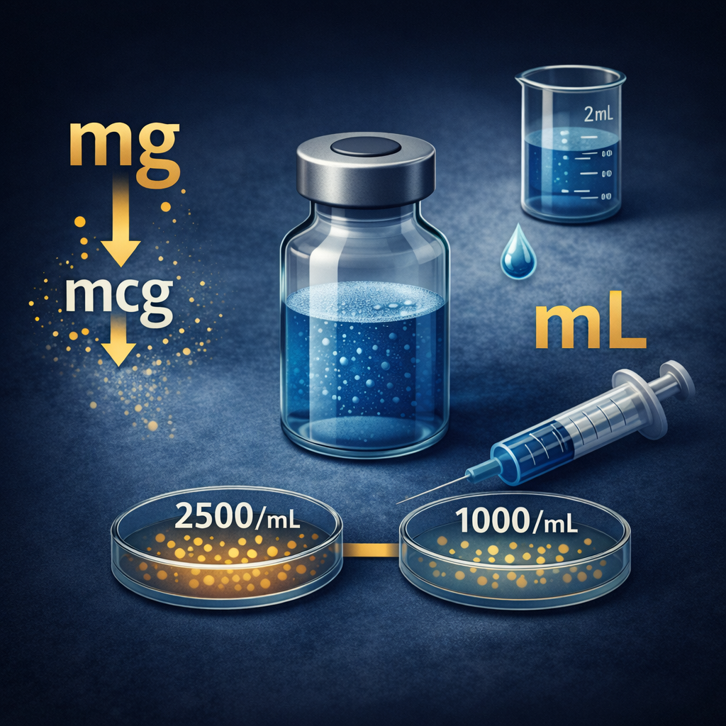 Vial with blue liquid, beaker, syringe, and petri dishes showing unit conversions (mg to mcg, mL) and concentrations.