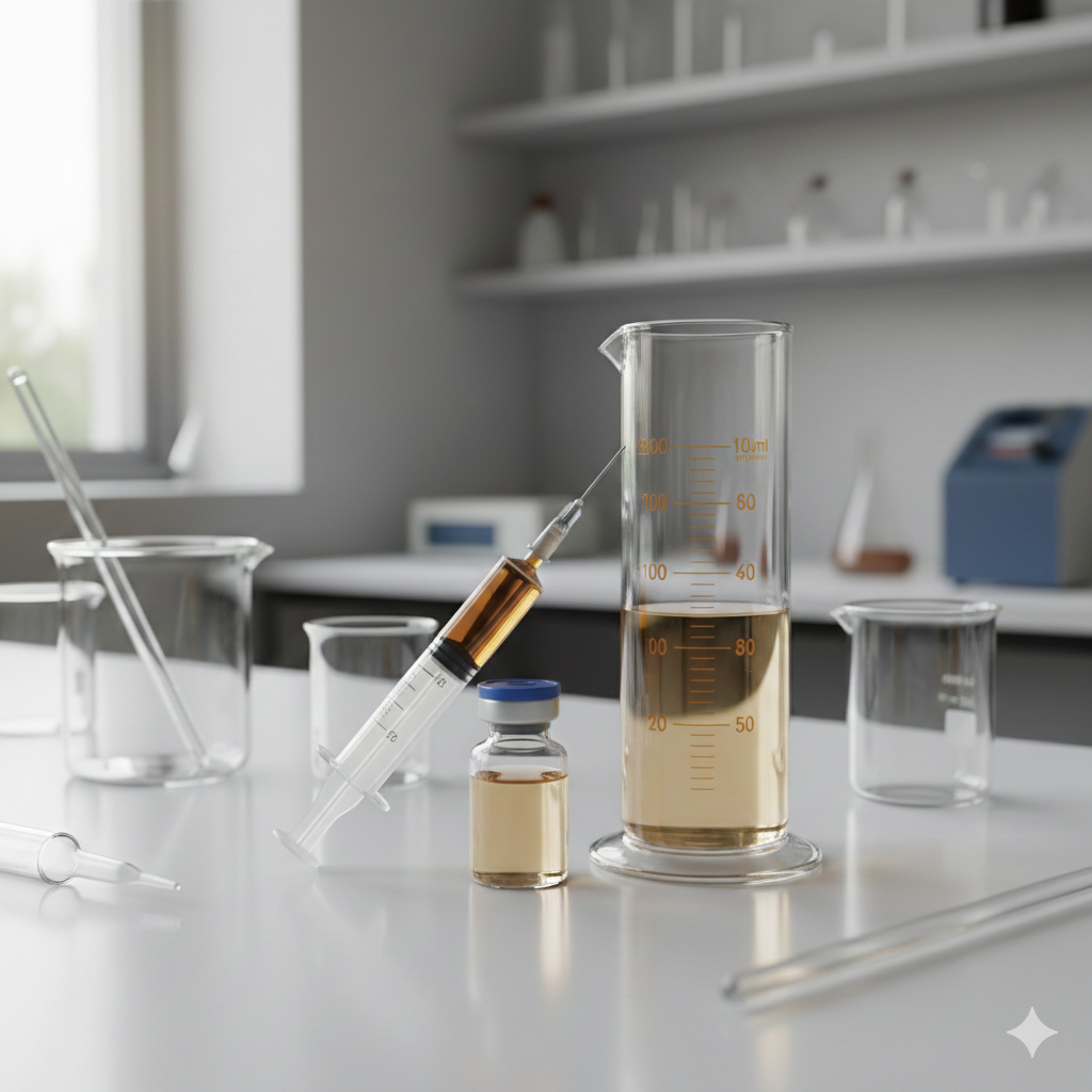 Laboratory with syringe filled with amber liquid next to a vial and graduated cylinder; beakers and scientific equipment on a white surface.