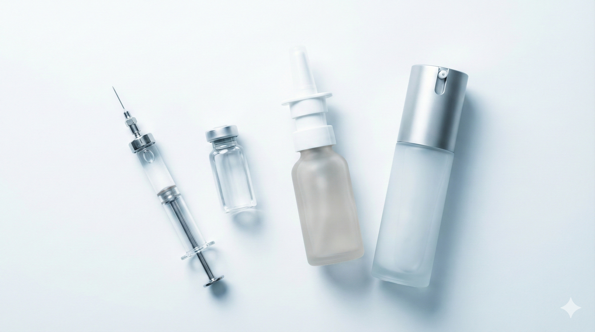 Unlabeled syringe, vial, nasal spray, and gel pump arranged as peptide delivery options.