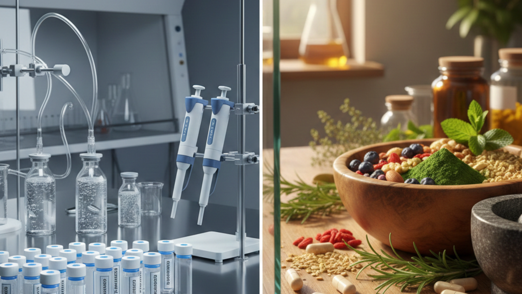 Laboratory setup with scientific equipment next to a bowl of herbs and supplements.
