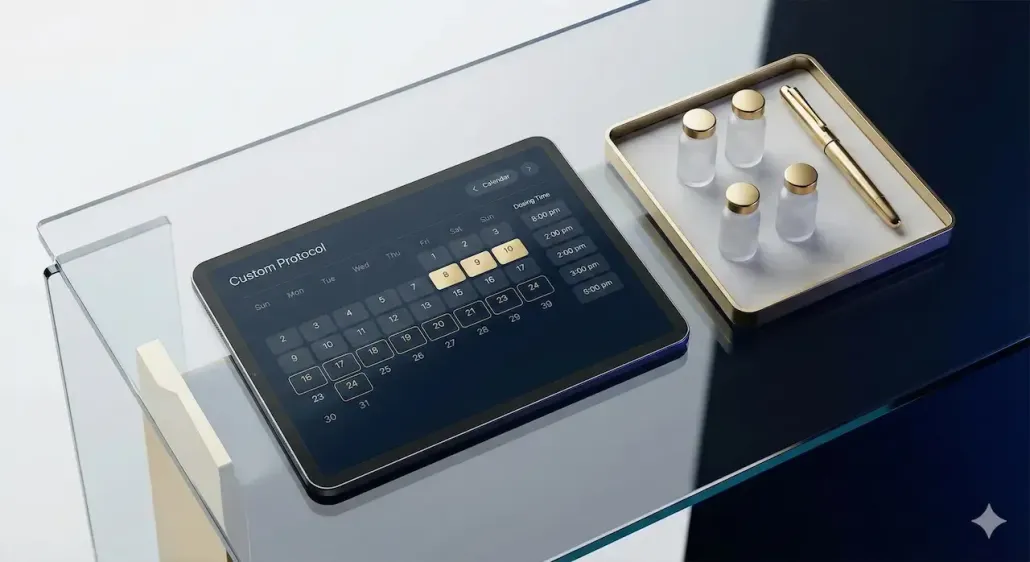 Tablet and tray on glass surface, displaying a dark app interface. Tray holds bottles and pen.