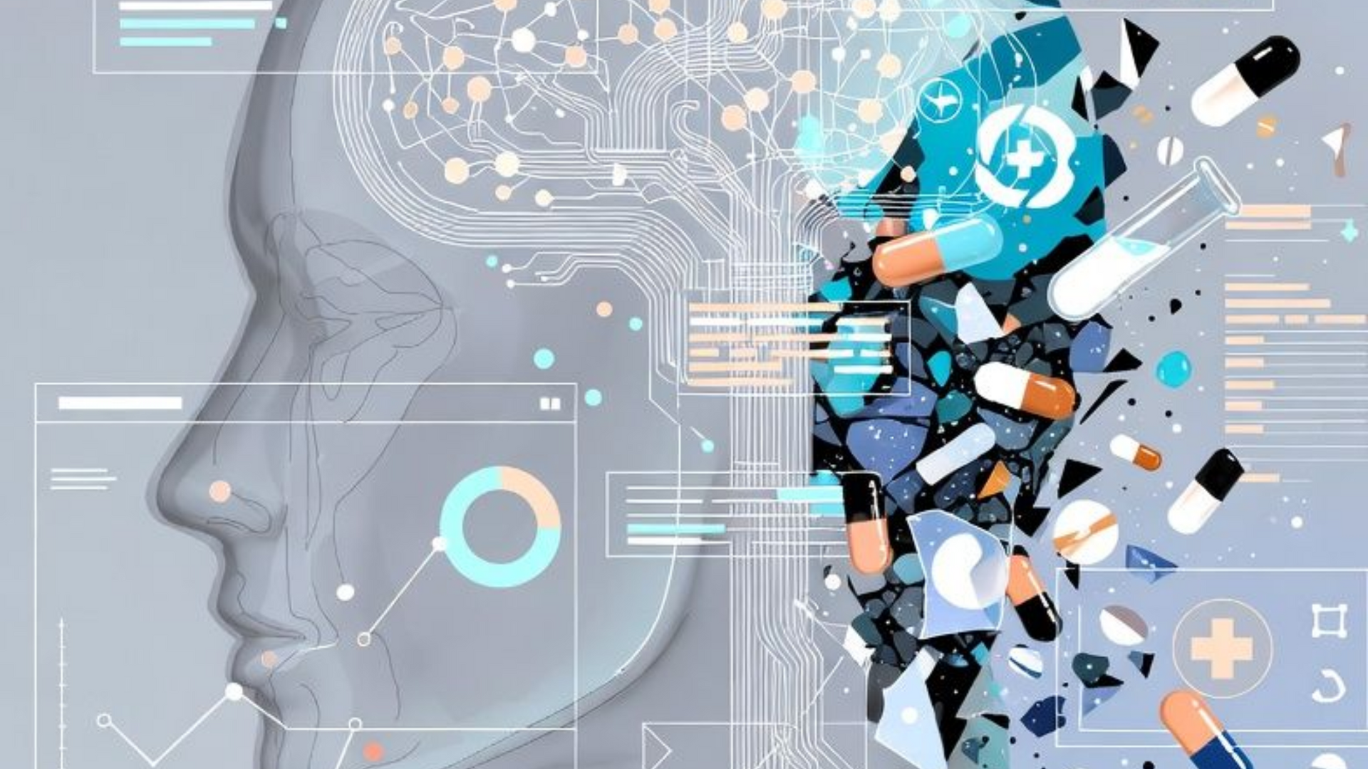 Profile of a person's head dissolving into pills, digital circuits, and data visualization elements.