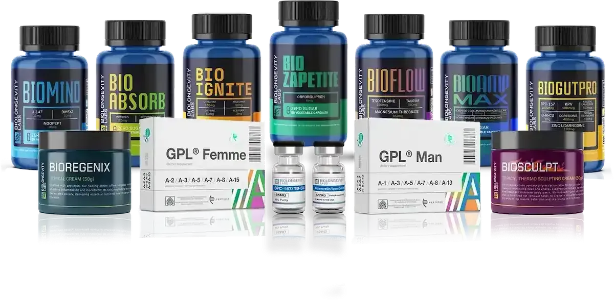 A collection of various nutritional supplement bottles, boxes, and small vials arranged on a white surface.