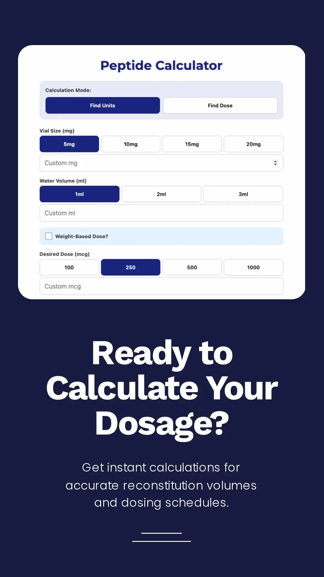 Peptide calculator interface for reconstitution volumes and dosage schedules with call to action ready to calculate your dosage