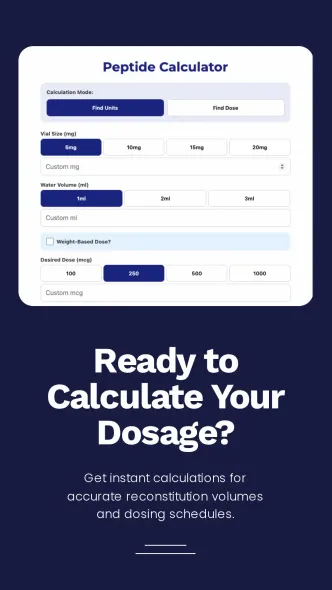 Peptide calculator interface for reconstitution volumes and dosage schedules with call to action ready to calculate your dosage