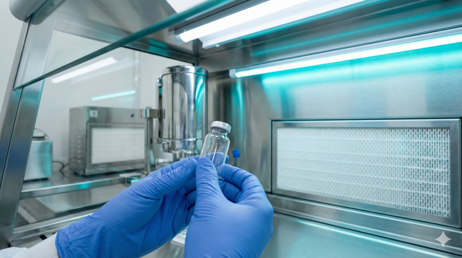 Gloved hands handling a sterile vial in a compounding-pharmacy cleanroom environment.