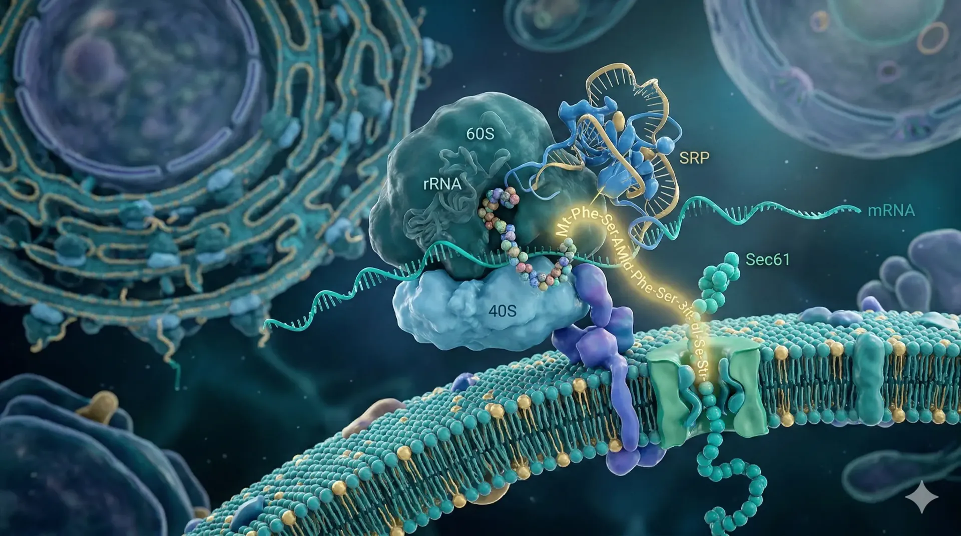 A ribosome translates mRNA into a protein chain, which is being inserted into a cell membrane via a translocon channel.