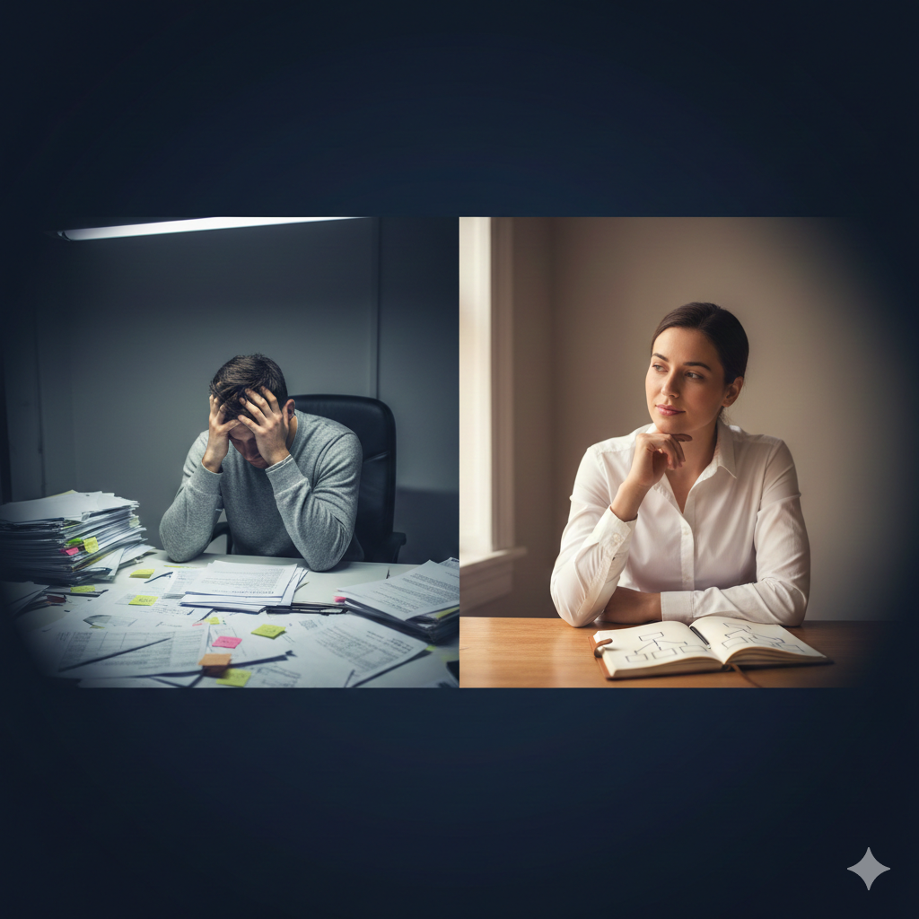 Man overwhelmed with paperwork; woman thoughtfully looking out the window, notebook open.