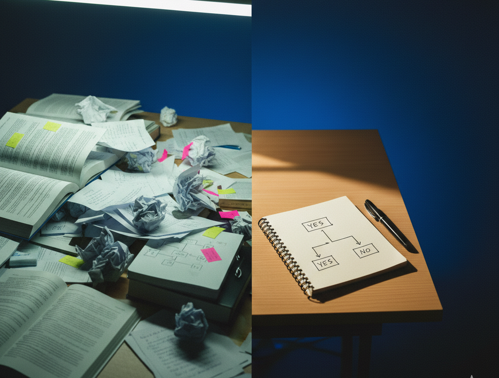 A cluttered desk contrasted with a clean desk. Papers and books are on one side; a notebook and pen are on the other.