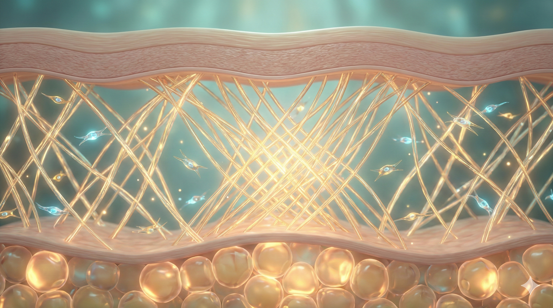 Skin layers with collagen fibers becoming denser, illustrating peptide support for skin structure.