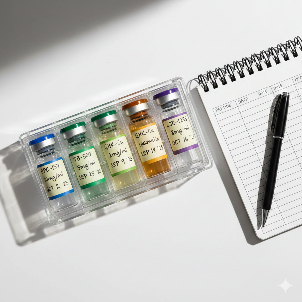 Vials of medication in a tray next to a notepad and pen, likely for tracking.