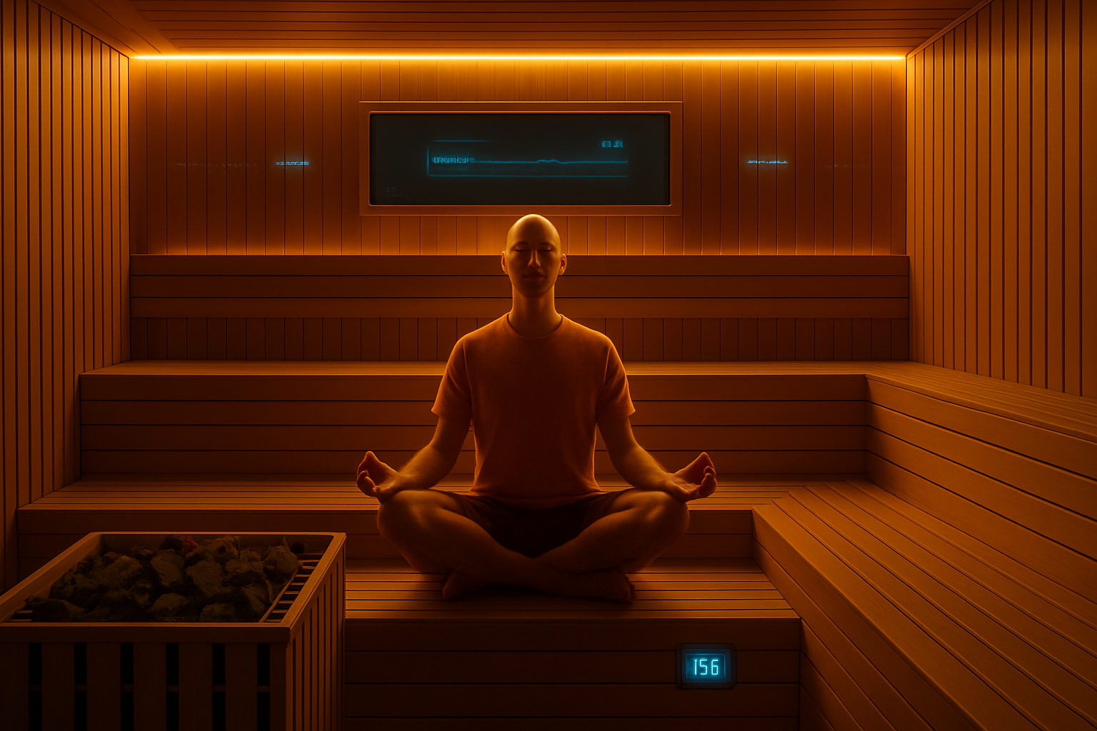 Man meditating in a warm wooden sauna; orange lighting.