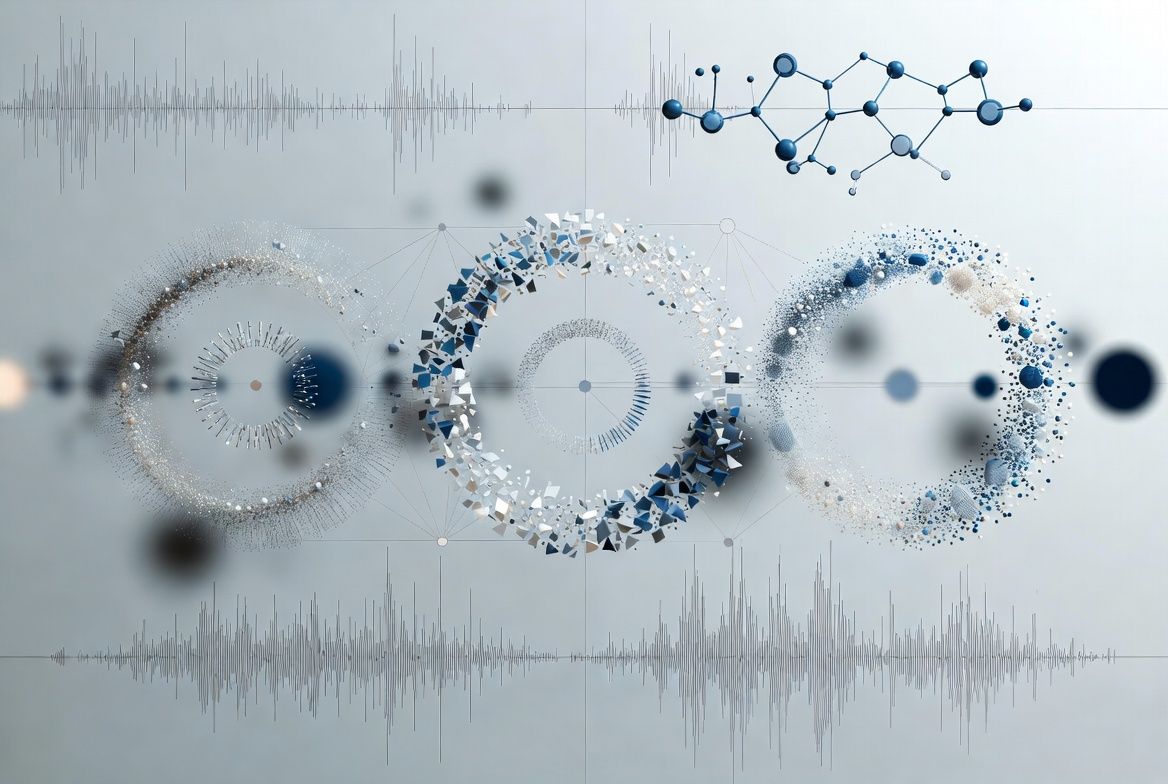 Abstract graphic with circular structures, molecular model, and waveforms in shades of blue and gray.