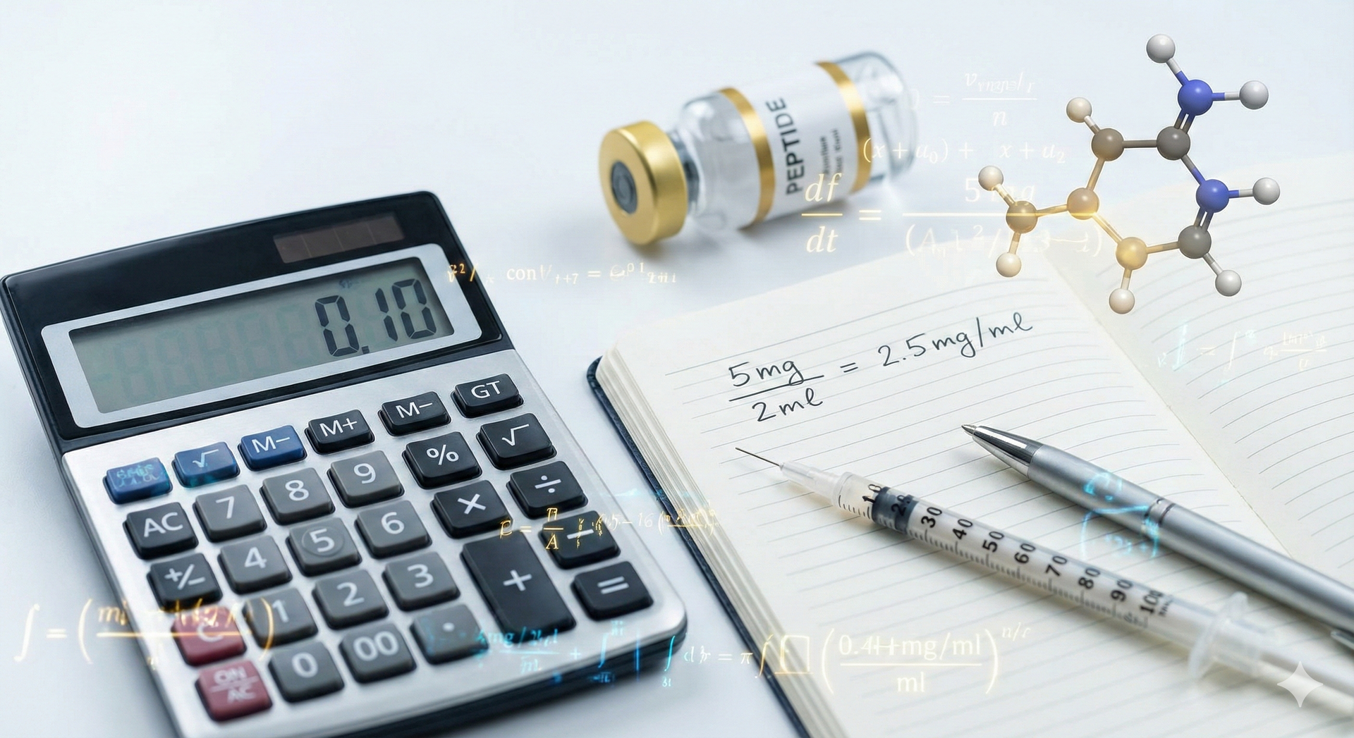 Calculator, medication vial, syringe, notebook with handwritten notes, pen; on white surface.