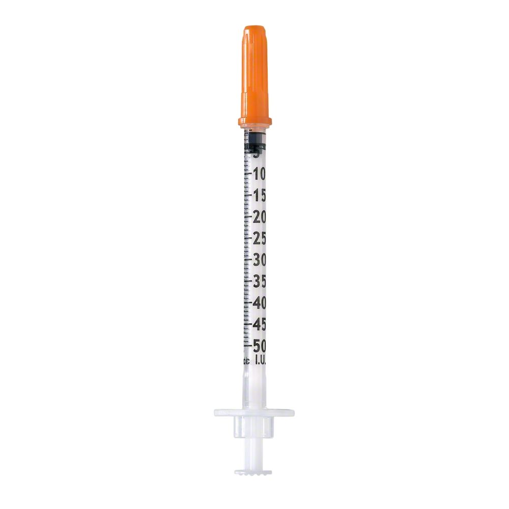Insulin syringe with orange cap, clear body, and measurements from 0 to 50.