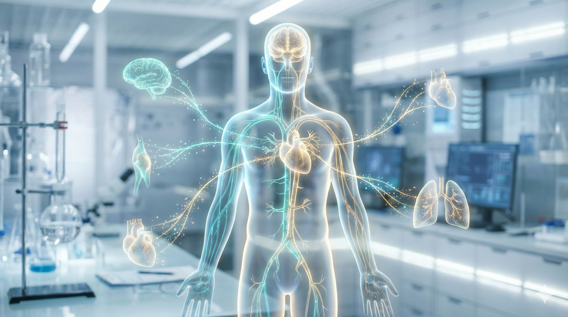 Human silhouette with illuminated signaling pathways showing peptides as cellular messengers.