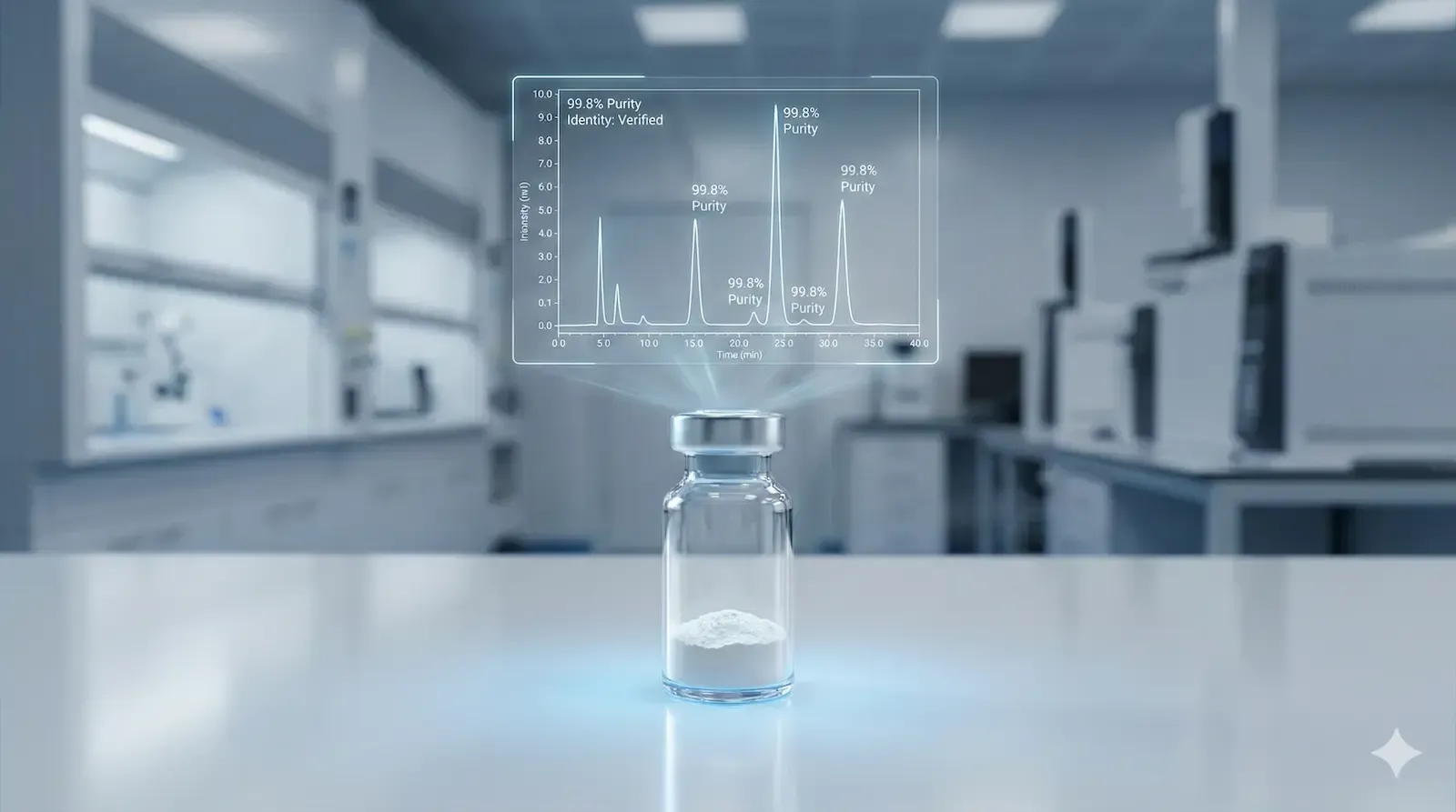 Glass peptide vial with a holographic HPLC chromatogram showing purity peaks and data overlay.