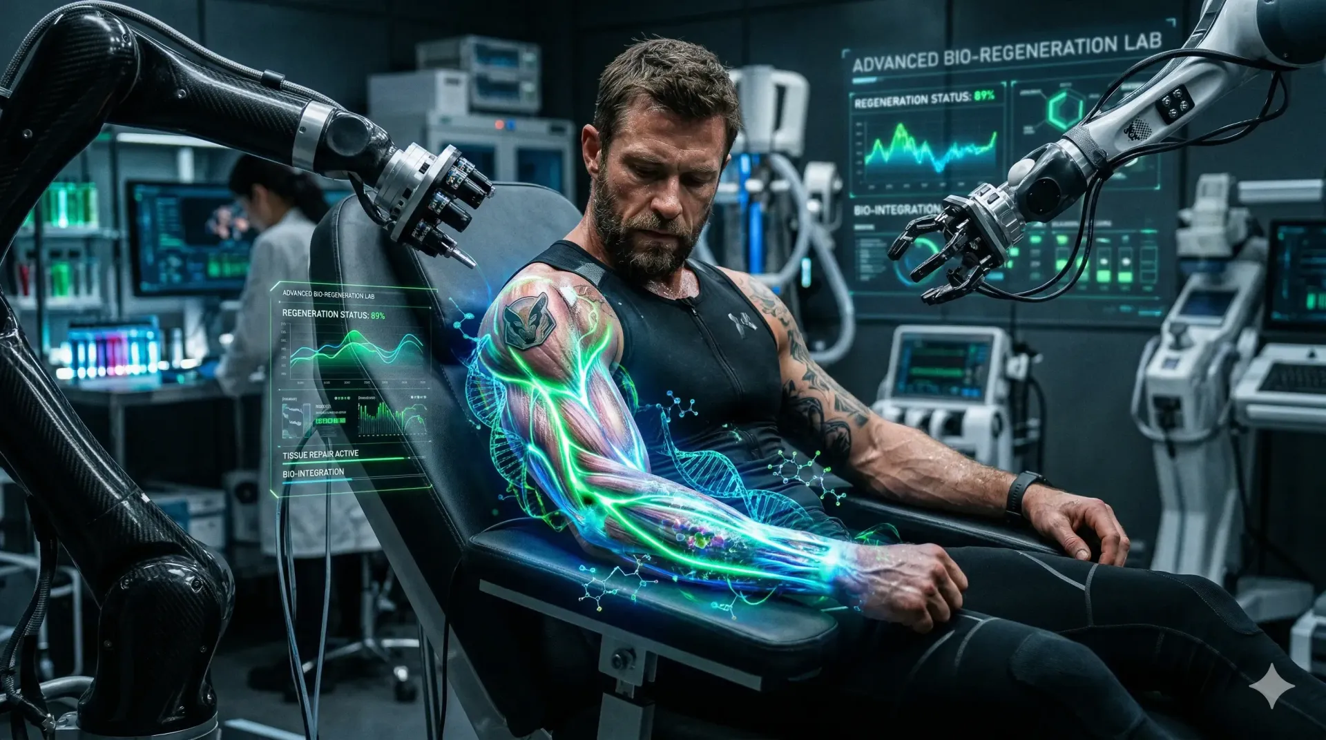 A man in a futuristic lab has a glowing blue and green digital interface projected onto his arm while robotic arms operate.