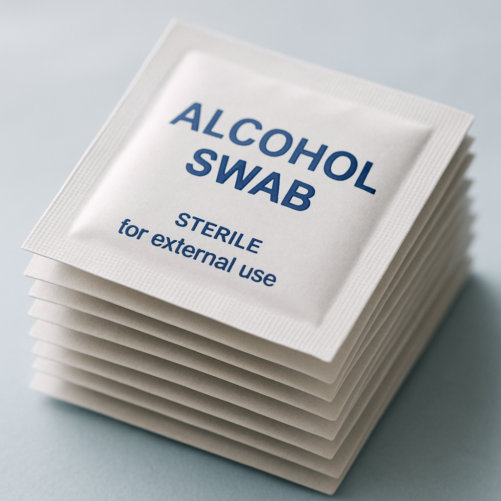 Stack of individually wrapped alcohol swabs.