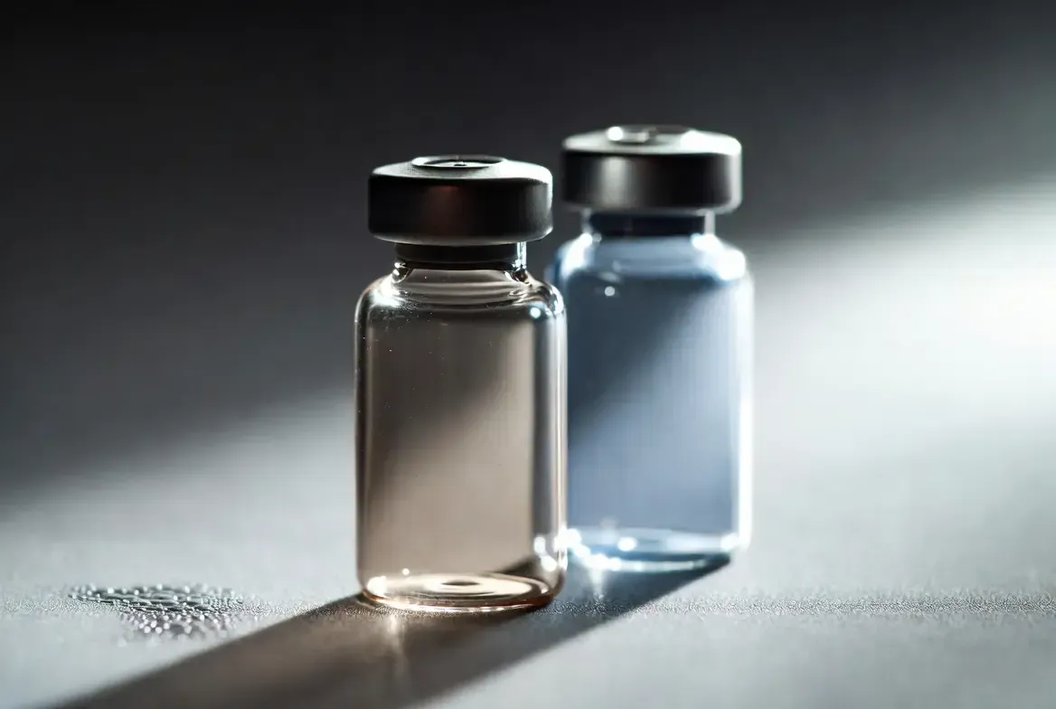 Two glass laboratory vials arranged with slight offset on a neutral lab surface, displaying amber and blue liquid tones under controlled lighting.