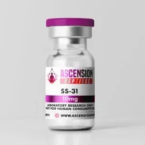 Small vial with a purple cap and label reading “Ascension Peptides SS-31 10mg” on a white background