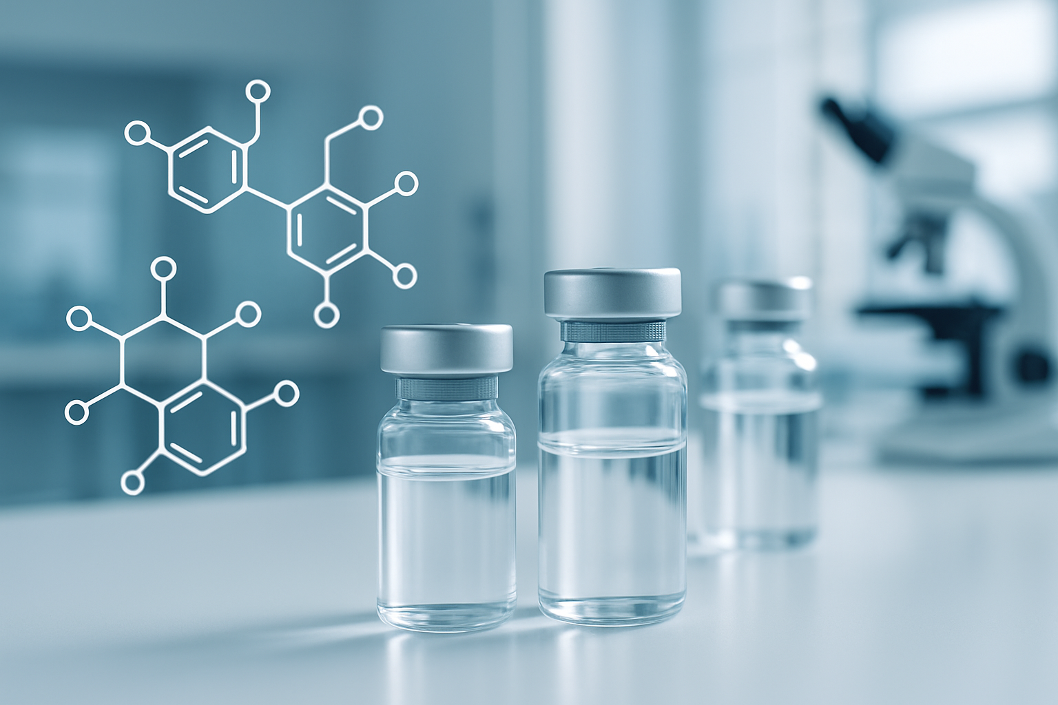 Three vials of bacteriostatic water on a lab table with peptides structures superimposed.
