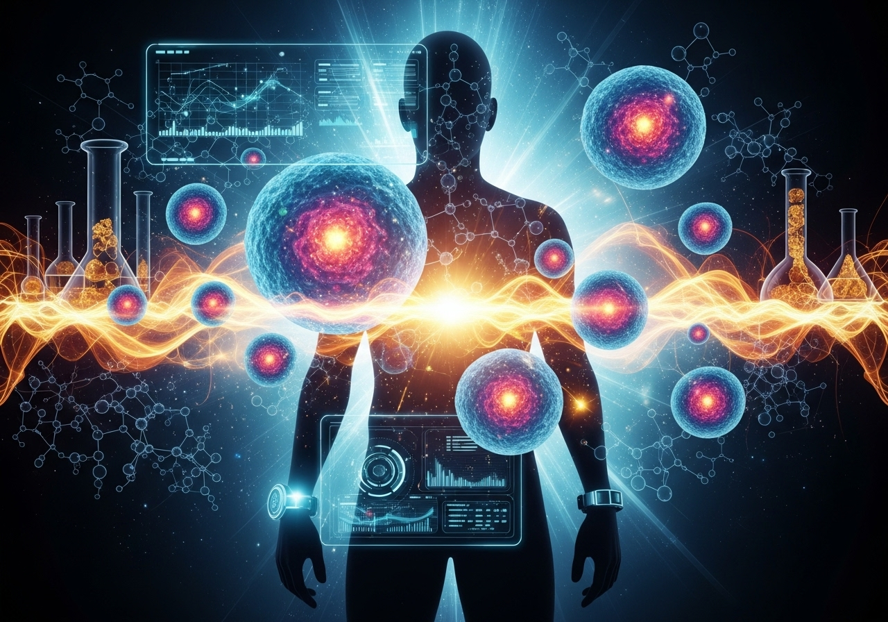 Silhouette of a person with glowing energy, surrounded by spheres, lab flasks, and data screens.